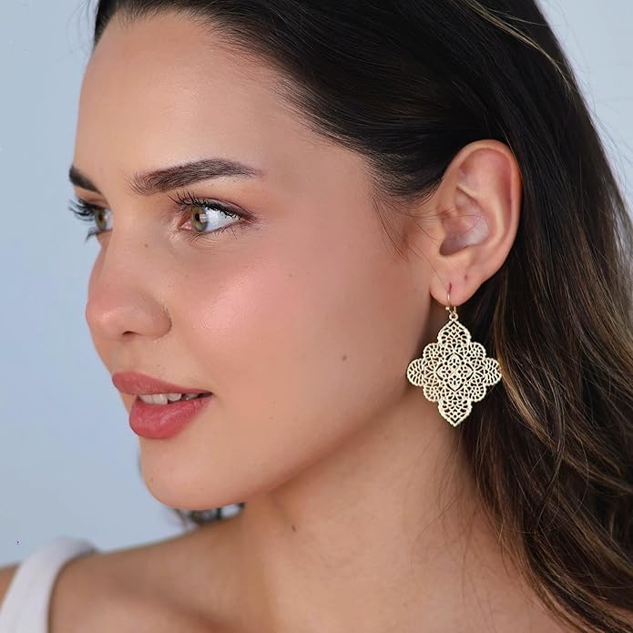 POMINA Floral Celtic Filigree Gold Dangle Drop Earring Boho Fashion Geometirc Filigree Earrings for Women