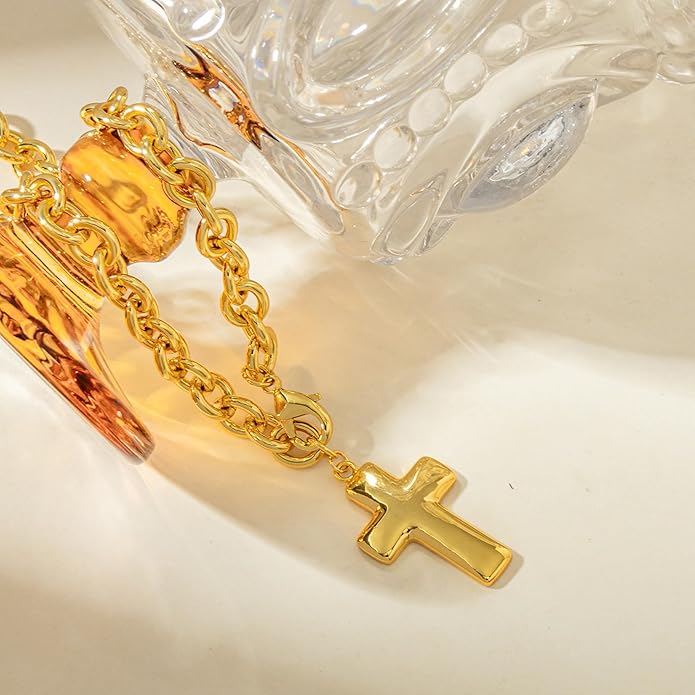 18k Gold Chunky Cross Necklace for Women Hammered Cross Choker Necklaces Bold Statement Necklace Trendy Jewelry