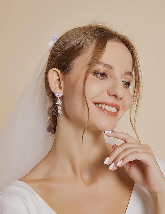 EAMTI Silver Dangle Earrings for Women Cubic Zirconia Marquise Bridal Wedding Earrings 925 Sterling Silver Post Engagement Earring