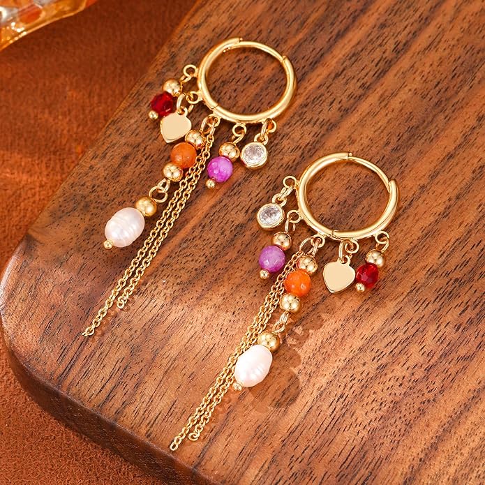 GZQ Bohemian Tassel Hoop Earrings for Women,Colorful Beaded Pearl Dangle Jewelry Fashion Statement Accessory for Gift Daily Wear Party Date, Lightweight 2.75in
