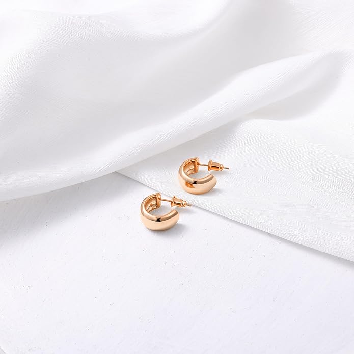 Gamicy Small 14K Gold Plated Hoop Earrings for Women with 925 Stering Silver Post, 14K Real Gold Plated Chunky Lightweight Hoops Earrings