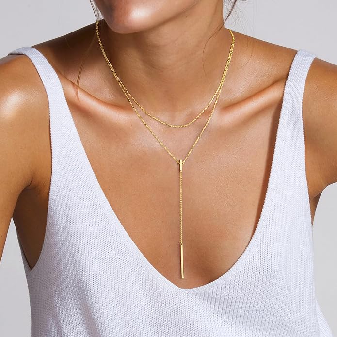 Yoosteel Long 14K-Gold-Plated Necklace for Women - Valentines Gifts Dainty Y-Shaped Necklaces Lariat Drop Chain Simple Jewelry Trendy Gift for Women