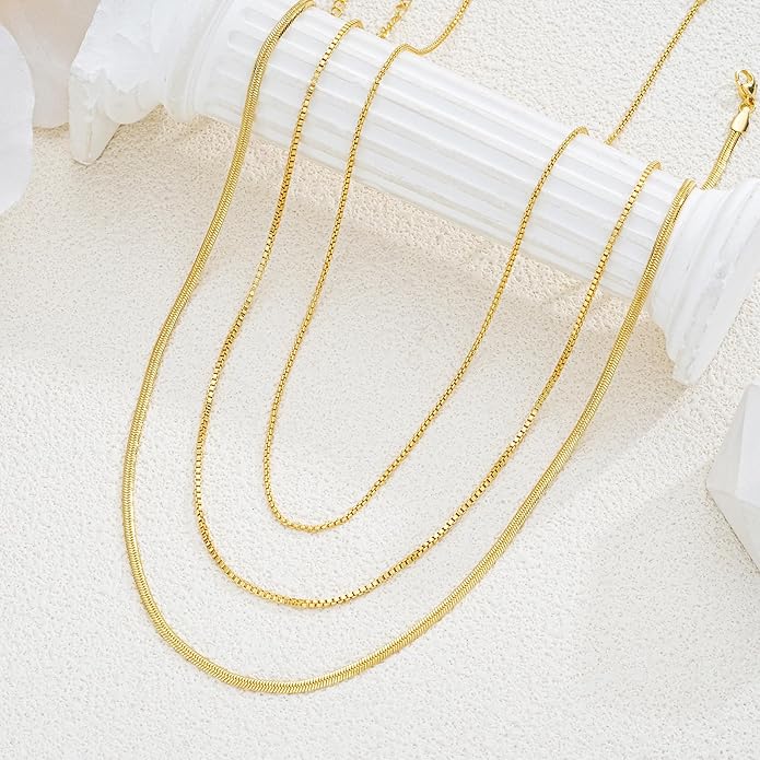 Gold Layered Necklaces for Women, 14K Gold Plated Dainty Gold Chain Choker Necklace Stack, Herringbone Gold Necklaces Set