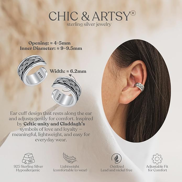 CHIC & ARTSY 925 Sterling Silver Ear Cuffs for Women, Non Piercing Clip On Cartilage Cuffs, Adjustable Fake Conch & Helix Earrings, Gold Plated & Oxidized Various Styles