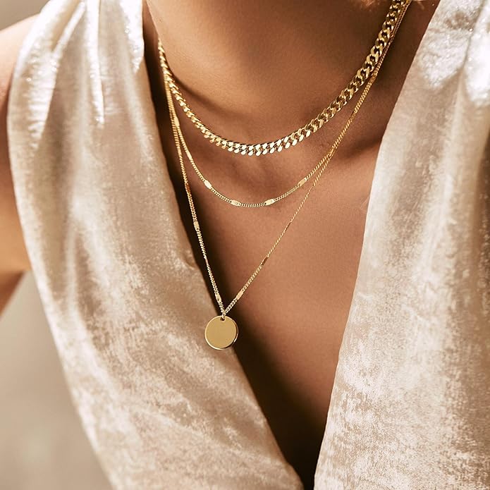 Evabelle Gold Layered Necklace for Women Trendy Jewelry 14K Real Gold Plated Chunky Chain Stackable Necklaces Dainty Choker Necklaces Rectangle Square Pendant