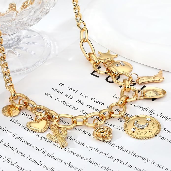 MISS RIGHT Dainty Gold Evil Eye Hamsa Hand Coin Lucky Charm Pendant Necklace for Women Trendy Vintage Paperclip Chain Sun Moon Clover Flower Chunky Charm Necklace Jewelry Gifts