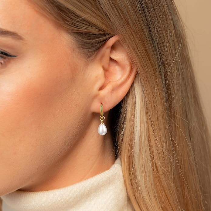 Gold Pearl Dangle Earrings for Women, 14K Gold Plated Small Pearl Drop Huggie Hoop Earrings, Hypoallergenic Dainty Gold Earrings Wedding Jewelry Gifts for Women Trendy
