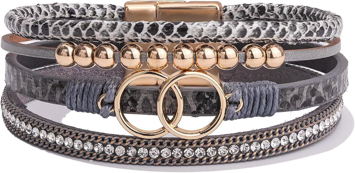 FANCY SHINY Boho Leather Wrap Bracelet Stackable Infinity Chunky Cuff Bracelets Western Hippie Outfits Jewelry Valentine Gifts for Women