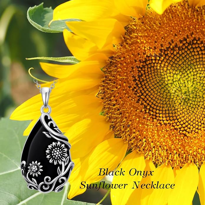 Black Onyx Necklace 925 Sterling Silver Flower Insect Pendant Teardrop Onyx Jewelry Valentines Day Birthday Gifts for Women