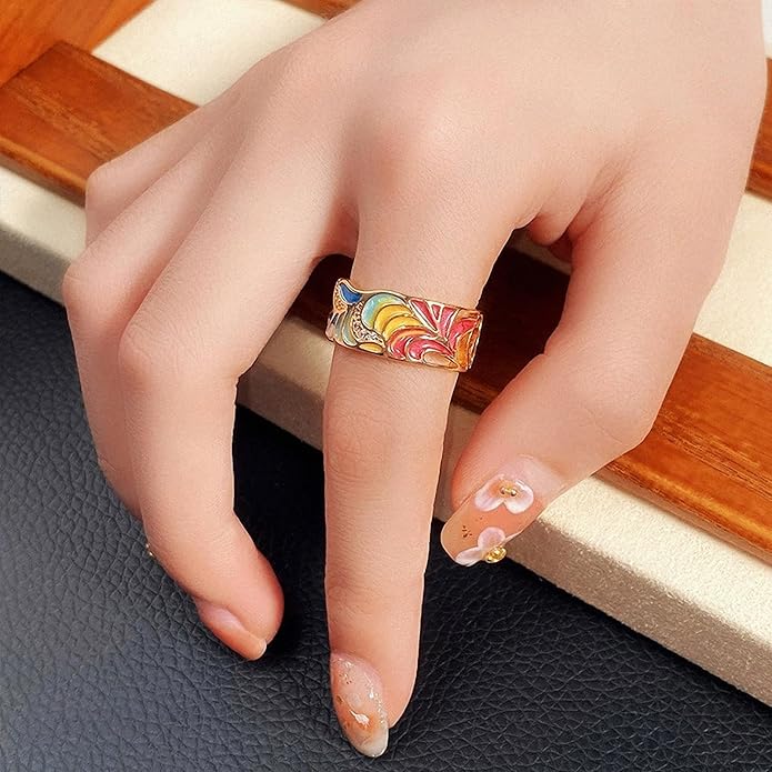 Women Tree of Life Lucky Flower Wide Band Ring Gold Pink Opal Green Enamel Resin Plated Dainty Tree Rhinestone Statement Thumb Index Full Finger Chunky Ring Party Crystal Vintage Jewelry