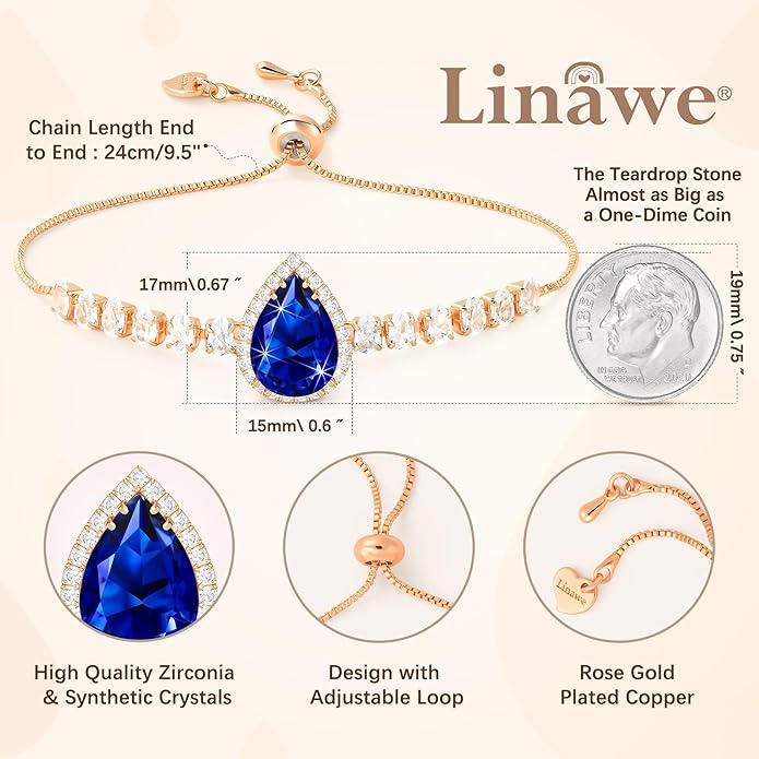 Linawe Crystal Imitation Diamond Rhinestone Charm Bracelets for Women, Gold/Silver/Rose Gold Adjustable Chain Bracelet, Teardrop Birthstone Cubic Zirconia Prom Costume Wedding Jewelry