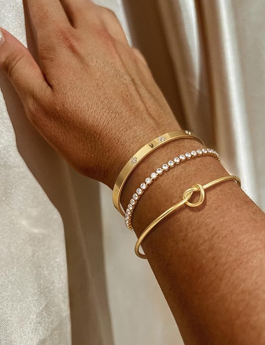 Gold Bangle Bracelets for Women, Non Tarnish Dainty 14K Gold Plated Cuff Bracelets Stackable for Women,Waterproof Bracelet Stack Gold Jewelry Gifts Trendy Adjustable Accessories
