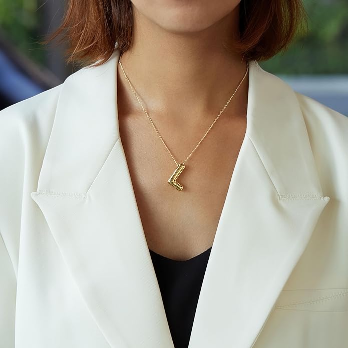 Inerney Valentines Day Gifts Gold Bubble Letter Necklace Initial Necklaces for Women, Chunky 14K Plated Balloon Initials, Trendy Charm Non Tarnish Custom Name Pendant Jewelry Gifts for Mom