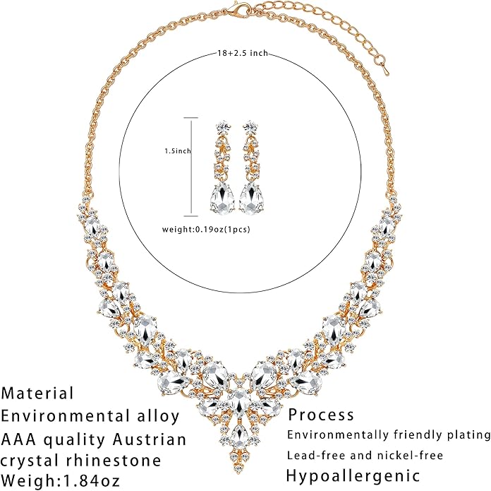 3/4 Pieces Women Jewelry Set Artificial Rhinestone Crystal Bride Statement Choker Necklace Tiara Crown Link Bangle Bracelet Teardrop Dangle Earrings Set