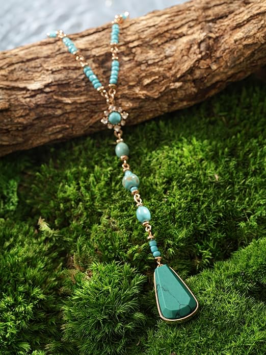 MINACHI Bohemian Created Turquoise Beaded Y-Necklace, Turquoise-toned Multi-shaped Pendant, Dainty Elegant Jewelry for Women