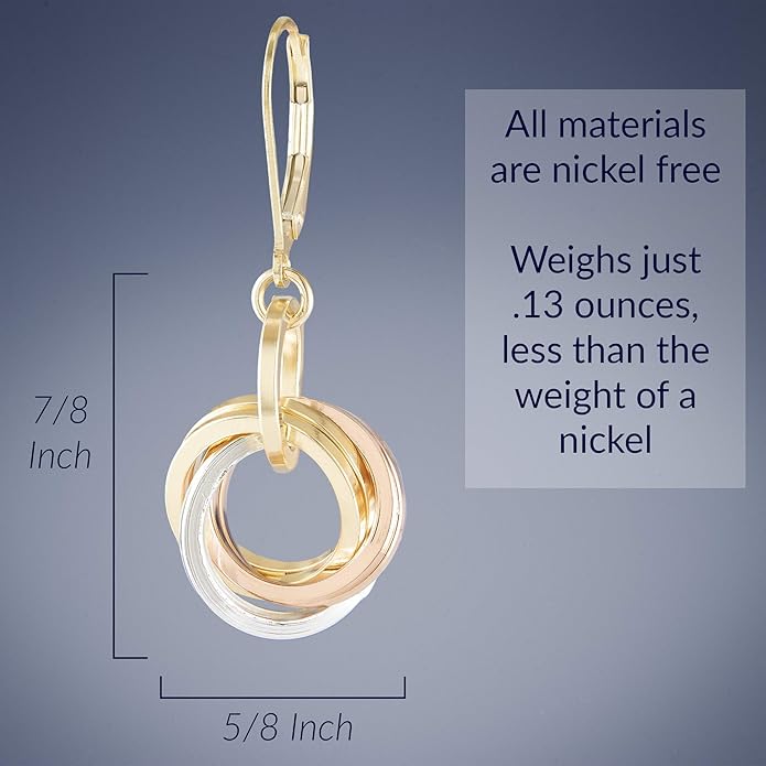 Tahmi Tricolor Jewelry Gift Set for Women | Everyday Secure Leverback Earrings & Pendant Necklace in 14K Yellow & Rose Gold-Filled and Sterling Silver 925, 18"