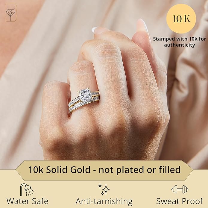 MAX + STONE 10K Gold 3.0 Carat Princess Cut Cubic Zirconia Engagement Ring with Wedding Band Set | CZ Wedding Rings for Women in Size 4.5 to 9 with Gift Box