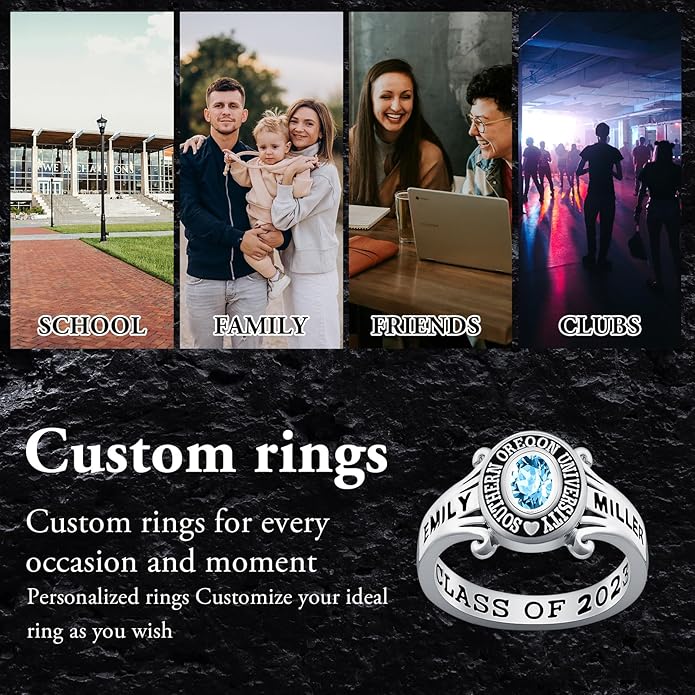 Custom Class Rings Personalized Birthstone Rings High School College Ring 925 Sterling Silver Engraved 2025 Graduation Jewelry Gifts for Women Size 4-15
