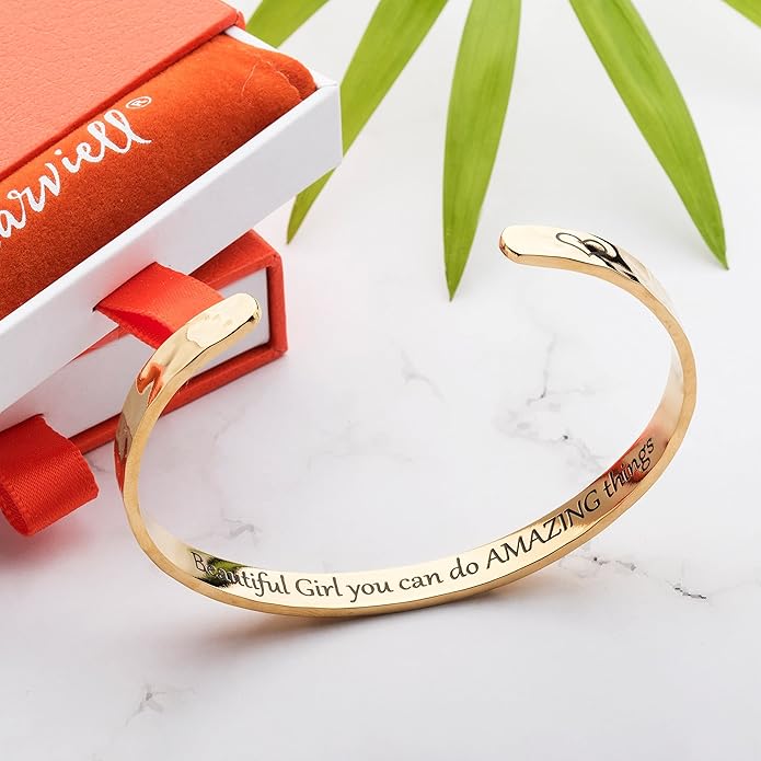 Carviell Engraved Cuff Bracelets for Women – Inspirational, Friendship, Love, Mom, Daughter, Sister, Christian, Graduation, Memorial & Wedding Gifts – 80+ Phrases – Stainless Steel, Gift-Ready