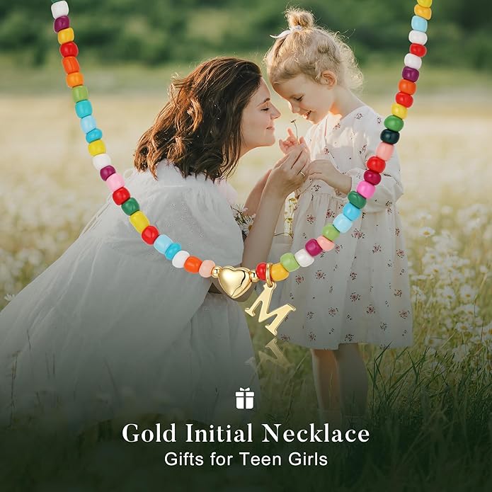 M MOOHAM Valentines Gifts for Kids Teen Girls- Colorful Beaded Initial Necklace for Women 14K Gold Plated Heart Initial Choker Necklaces for Women Girls Jewelry, Letter A-Z Pendant Birthday Gifts