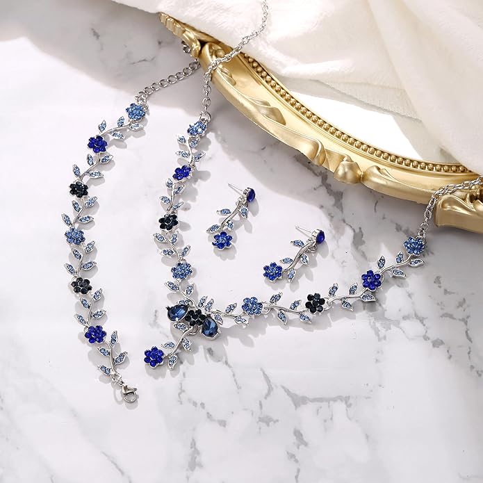 BriLove Women's Wedding Jewelry Leaf Cluster Flower Crystal Dangle Earrings Pendant Necklace Set for Bridal