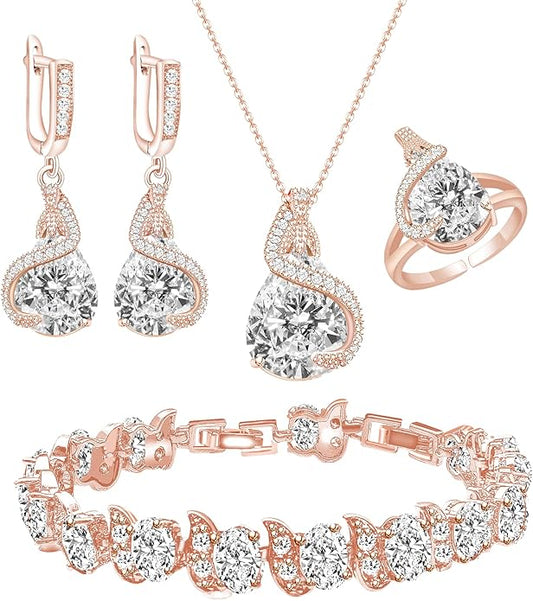 GZWHD Jewelry Set for Women Water Drop Cubic Zirconia Artificial Crystal Earrings Pendant Necklace Open Ring Tennis Bracelet Wedding Anniversary Birthday Engagement Gift for Bridesmaid Wife Girlfriend Friend