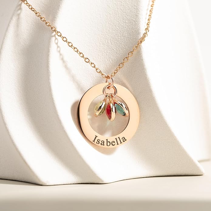 Birthstone Necklace for Mom Jewelry for Women Grandma Necklace Personalized Mothers Day gifs Necklace with 2 Children Kids Names -CIR-BSN