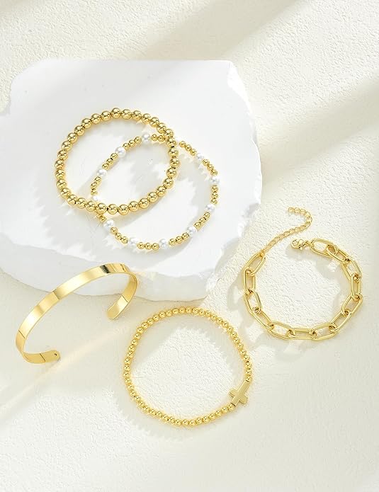 Valentines Day Gifts for Her Teen Wife Gold Beaded Bracelets for Women, 5 Pcs Dainty 14K Gold Plated Chunky Stretch Bead Ball Bracelet Stack