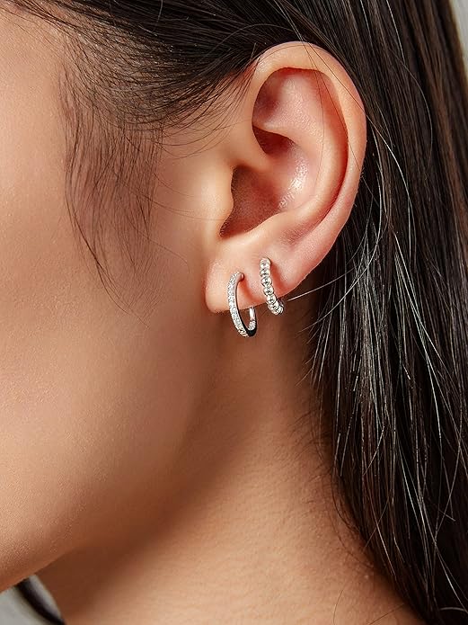 Clip on Hoop Earrings for Women, 14K Real Gold Plated Non Pierced Small Hoop Cubic Zirconia, Fake Piercing Mini Beaded Hoop Earrings Set 2 Pairs