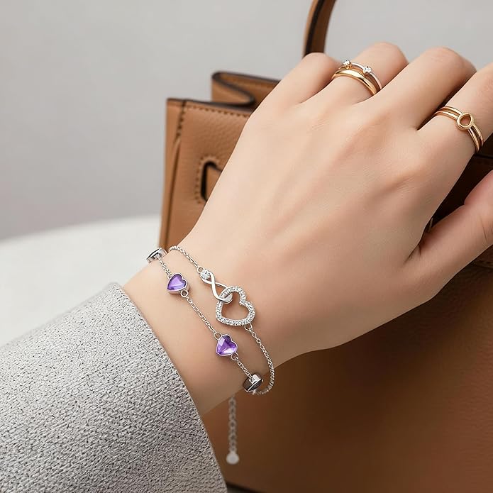 Prismata Infinity Birthstone Charm Link Bracelet 925 Sterling Silver Adjustable 12 Months Birthstone Infinity Bracelet Birthday Jewelry Gifts for Women Mom Her,with 7"+2" chain