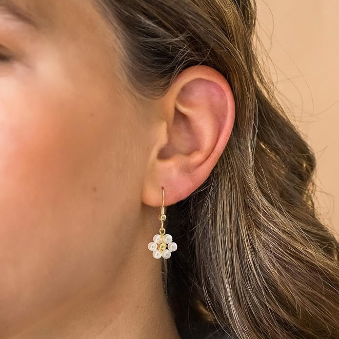 Gold Pearl Dangle Earrings for Women, 14K Gold Plated Small Pearl Drop Huggie Hoop Earrings, Hypoallergenic Dainty Gold Earrings Wedding Jewelry Gifts for Women Trendy