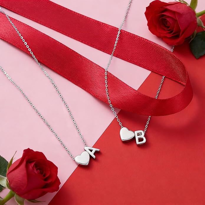 Turandoss Valentines Gifts for Her Kids Girls, Dainty S925 Sterling Silver Tiny Heart Letter A-Z Pendent Necklace Trendy Birthday Valentines Jewelry Gifts for Girls Women