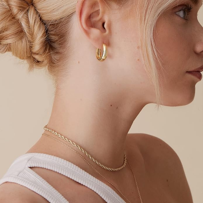 PAVOI 14K Gold Plated 925 Sterling Silver Post Small Chunky Hoops Earrings | Thick Lightweight Gold Hoop Earrings for Women