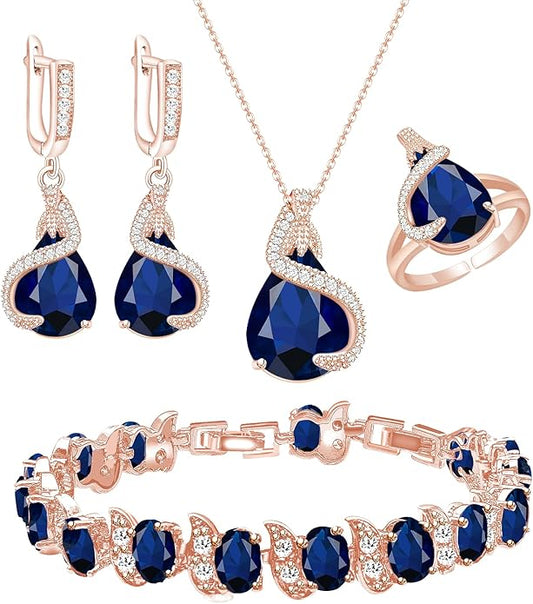 GZWHD Jewelry Set for Women Water Drop Cubic Zirconia Artificial Crystal Earrings Pendant Necklace Open Ring Tennis Bracelet Wedding Anniversary Birthday Engagement Gift for Bridesmaid Wife Girlfriend Friend