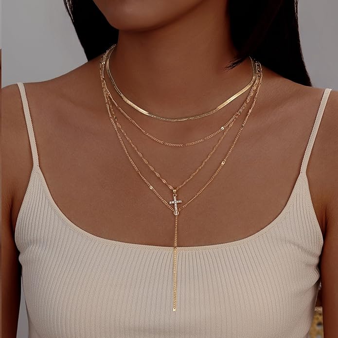 Evabelle Gold Layered Necklace for Women Trendy Jewelry 14K Real Gold Plated Chunky Chain Stackable Necklaces Dainty Choker Necklaces Rectangle Square Pendant