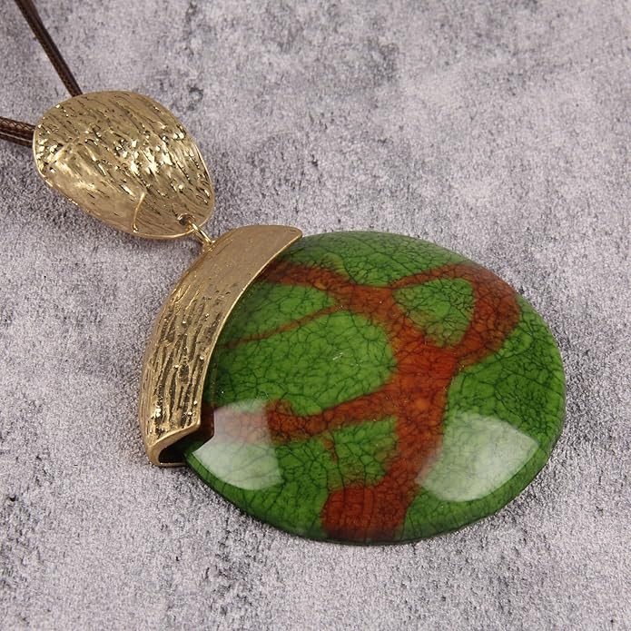 Boho Leather Necklace Women Bohemian Brown Circle Pendant Necklace Choker Long Necklaces for Women Boho Ring Large Pendant
