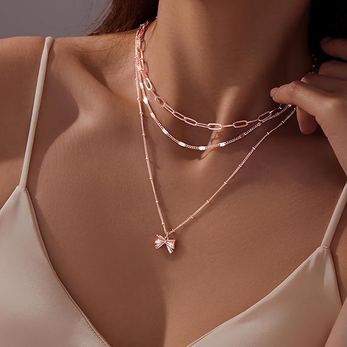 Layered Gold Necklaces for Women, Stackable Dainty 14K Gold Silver Plated Trendy Simple Heart Diamond Cross Bow Circle Pendant Paperclip Choker Dot Chain Necklace,Jewelry Set Gifts for Women