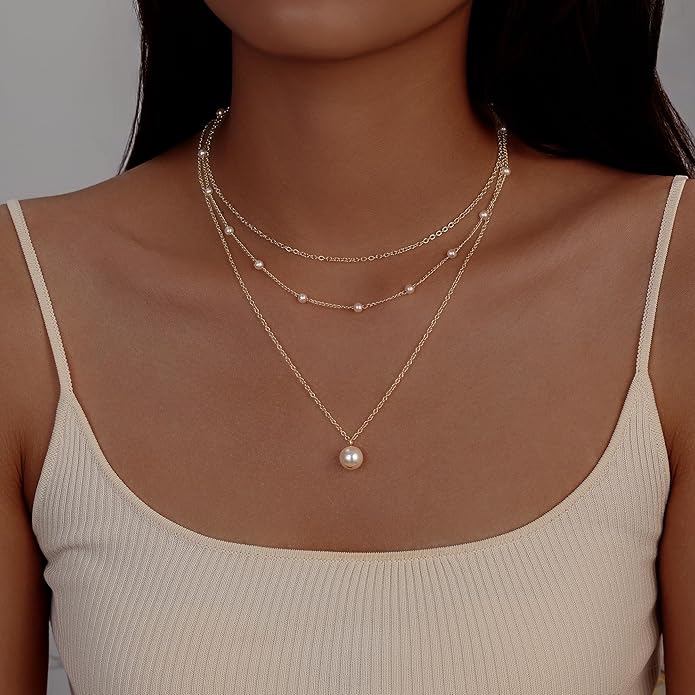 Evabelle Gold Layered Necklace for Women Trendy Jewelry 14K Real Gold Plated Chunky Chain Stackable Necklaces Dainty Choker Necklaces Rectangle Square Pendant