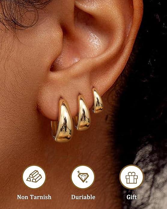 BESTEEL 3Pairs 14K Gold Plated Hoop Earrings Set for Women Chunky Earring Silver Plated Hypoallergenic Small Huggie Hoops Lightweight Tiny Thick Trendy Hoop Earrings Stacks for Multiple Piercing