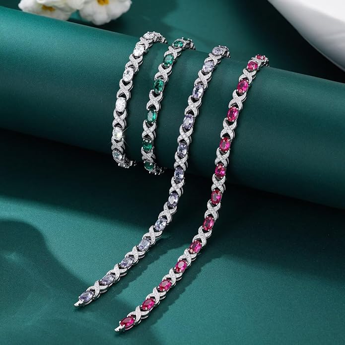 Iefil Valentines Day Gifts for Her, Oval Birthstone Tennis Bracelets for Women Wife Unique X O Design Fine Jewelry Anniversary Birthday Gift 925 Sterling Silver Birthstone Jewelry for Mom Girlfriend