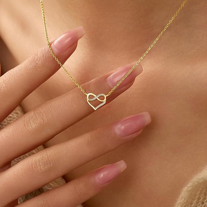 LOVECOM Valentines Gifts S925 Sterling Silver Heart Necklace for Women Dainty 14k Gold Plated CZ Infinity Double Cross Star Pendant Choker Necklaces Trendy Bead Chain Jewelry Gifts for Mom Daughter
