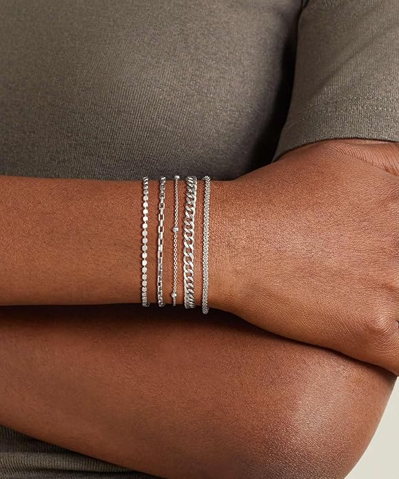 DEARMAY Dainty Silver Plated Bracelets for Women Trendy, Silver Jewelry Set for Women Bracelets for Women Paperclip Box Herringbone Figaro Rope Chain Bracelet Fashion Pack Gifts for Women