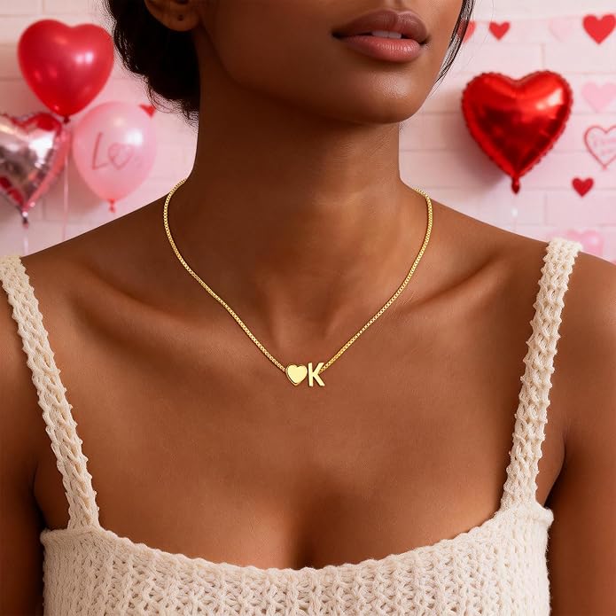 Valentines Day Gifts for Kids Women Teen Girls, 18K Gold Plated Letter A-Z Heart Initial Necklaces for Women Teen Girls Trendy Stuff Birthday Valentines Gifts for Her Mom Wife Jewelry