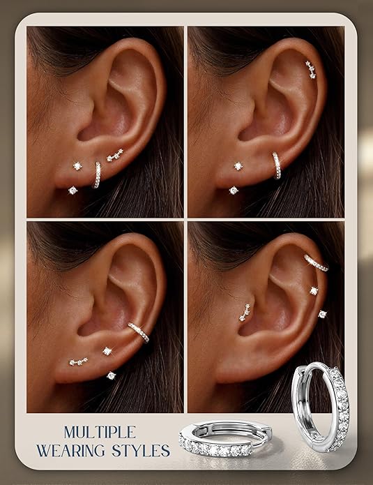 FIASASO 3 Pairs 925 Sterling Silver Hypoallergenic Earrings for Women Trendy - 14K Gold Plated Stud Hoop Cartilage Earrings Set Small Earring Stacks for Sensitive Ears Non Tarnish Dainty Silver Earring