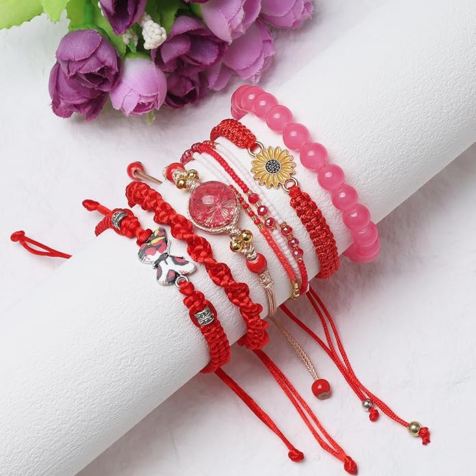 DS 6PCS String beads Charm Bracelets for Teen Girls Handmade Braided Rope Butterfly daisies Eternal flower Boho Surfer Bracelet for women Adjustable friendship Stretch birthday jewelry Gift Friends