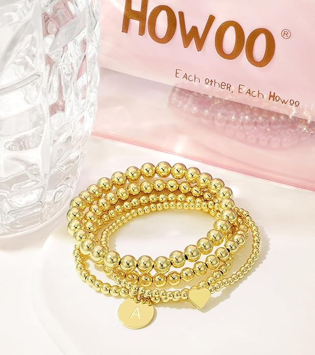 Howoo Gold Bracelets for Women Beaded Initial Bracelet Stack Dainty Heart Stretch Gold Charm Bracelet Jewelry for Women Trendy