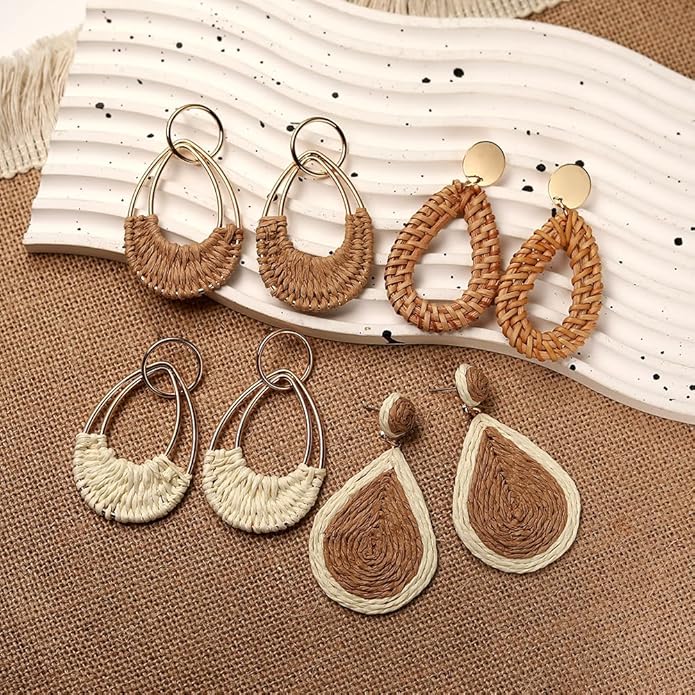 4 Pairs Handmade Raffia Rattan Bohemian Round Drop Dangle Earrings for Women, Boho Statement Cute Fun Hoop Earrings Set