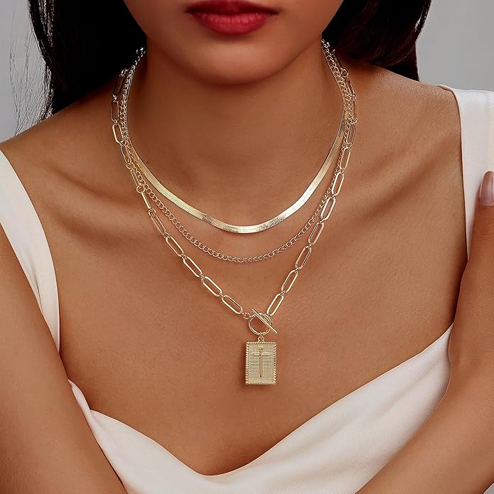Evabelle Gold Layered Necklace for Women Trendy Jewelry 14K Real Gold Plated Chunky Chain Stackable Necklaces Dainty Choker Necklaces Rectangle Square Pendant