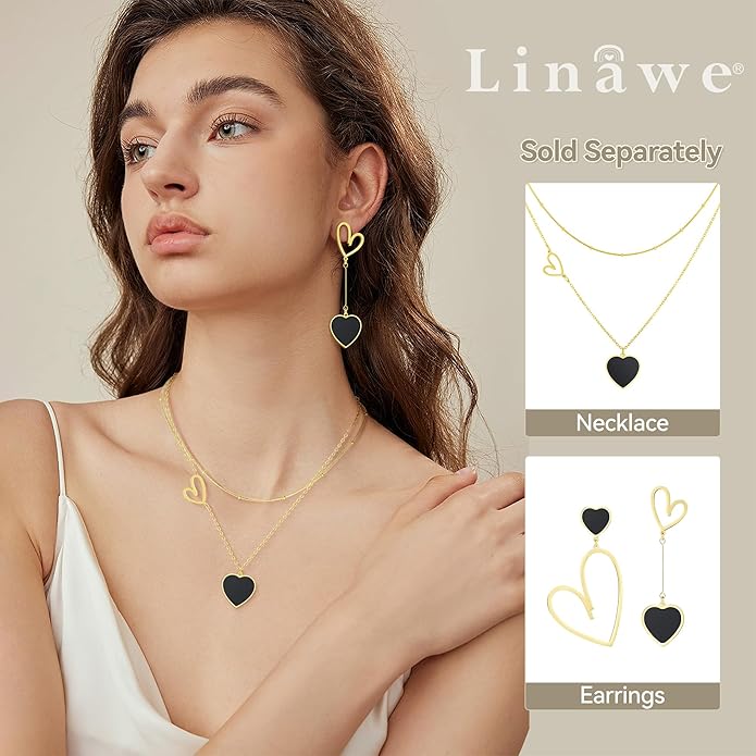 Linawe Layered Choker Heart Pendant Necklace for Women Trendy, Gold/Silver/Rose Gold Chain Stainless Steel Stacked Necklaces, Double Heart Necklace Y2K Preppy Jewelry