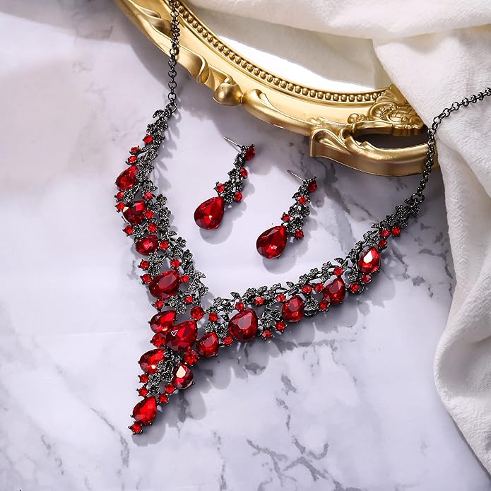 BriLove Women's Wedding Bridal Austrian Crystal Teardrop Flower Cluster Statement Necklace Dangle Earrings Jewelry Set for Party Prom